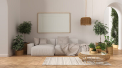 Blur background, frame mockup, wooden nordic living room with parquet and arched walls, sofa, carpet, lamp, rattan table, potted plants. Modern scandinavian interior design concept