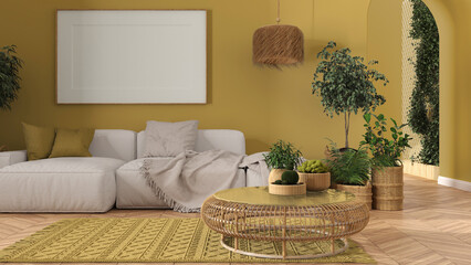 Scandinavian wooden living room in yellow tones with parquet and carpet, frame mockup, sofa with pillows, round rattan table, potted plants, pillows and decors. Modern interior design