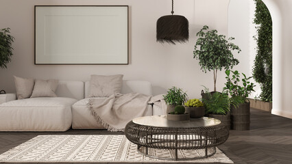 Scandinavian wooden living room in dark tones with parquet and carpet, frame mockup, sofa with pillows, round rattan table, potted plants, pillows and decors. Modern interior design