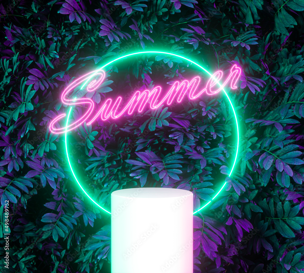 Poster summer podium backdrop with tropical leaves and neon light. 3d rendering.