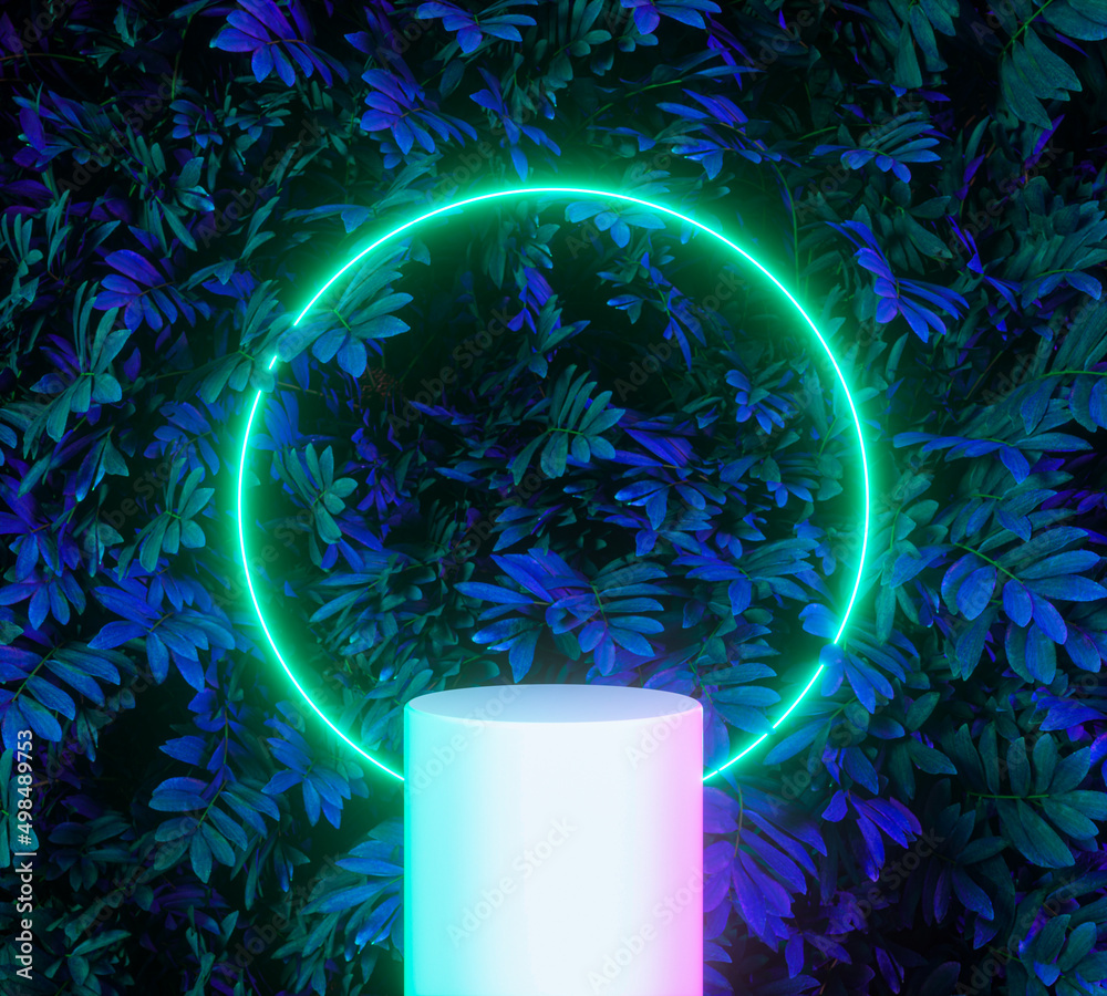 Poster summer podium backdrop with tropical leaves and neon light. 3d rendering.