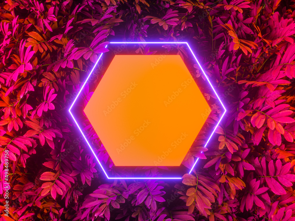 Poster summer podium backdrop with tropical leaves and neon light. 3d rendering.