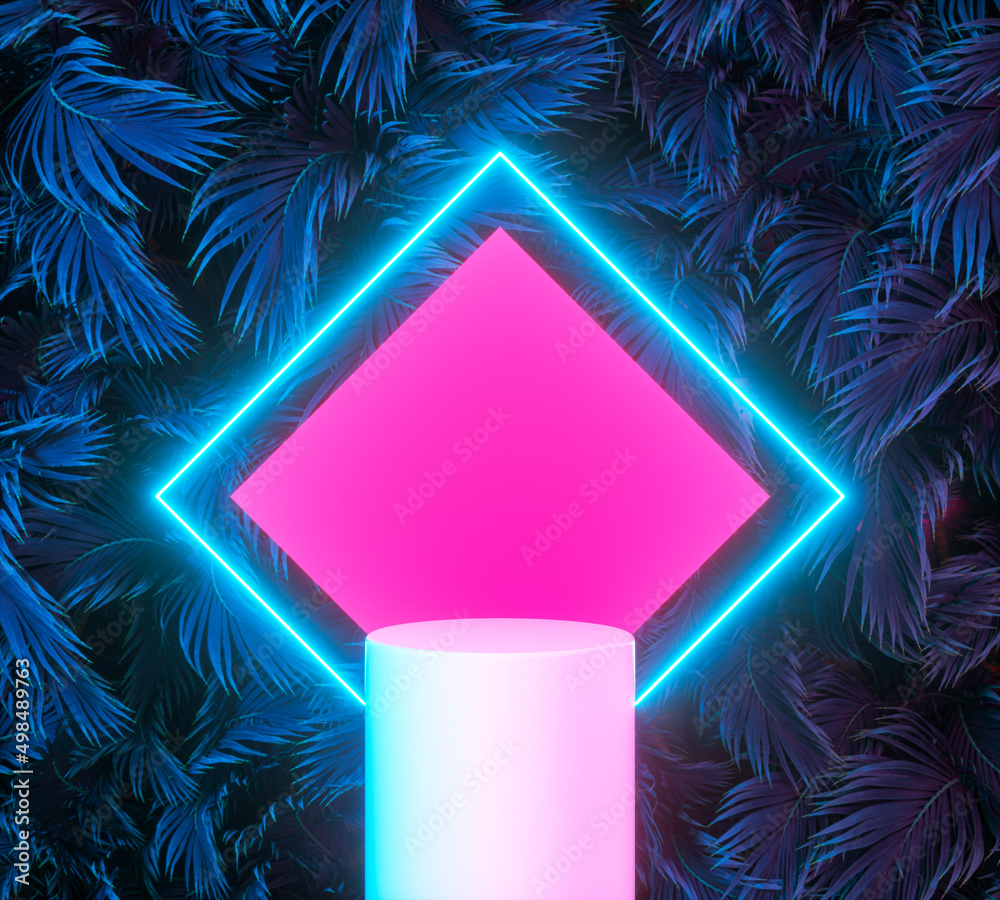 Poster Summer podium backdrop with Tropical leaves and neon light. 3d rendering.