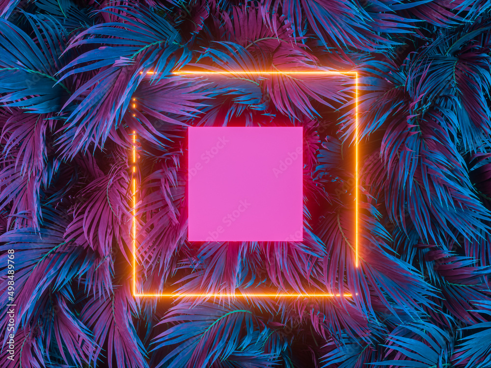 Poster summer podium backdrop with tropical leaves and neon light. 3d rendering.