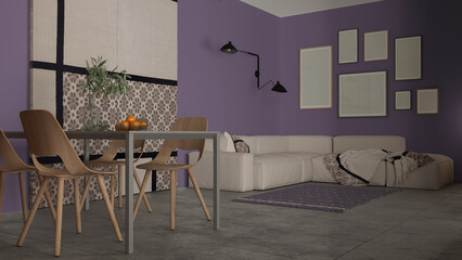Minimalist cozy living and dining room in purple tones, modern table with wooden chairs, sofa, blanket, carpet and fabric sliding door, frame mockup with copy space, interior design