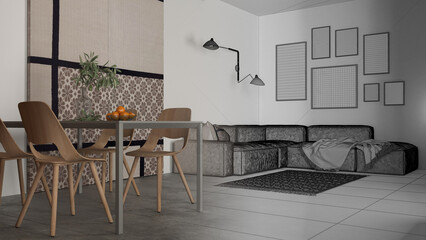 Architect interior designer concept: hand-drawn draft unfinished project that becomes real, living and dining room, table, chairs, sofa, carpet, sliding door, frame mockup, copy space