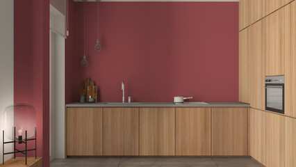 Modern minimalist wooden kitchen in red tones, sink with steal tap, induction hob with pot, oven, bench with glass lamp, marble top and concrete tiles, window, cozy interior design