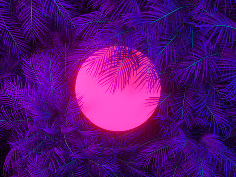 Summer podium backdrop with Tropical leaves and neon light. 3d rendering.