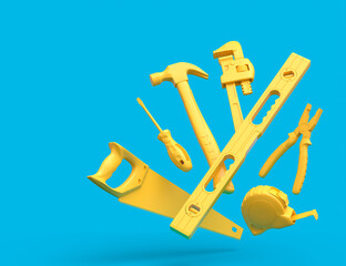 Flying view of yellow construction tools for repair on blue background