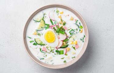 Cold soup with vegetables, egg, fresh herbs and kefir on a gray background.