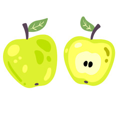 Green apple fruit with leaf. Sweet natural food. Vector illustration