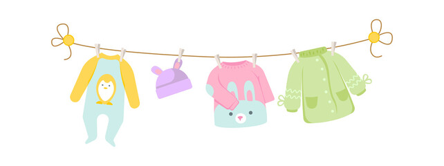 Baby clothes drying on a rope. Vector illustration