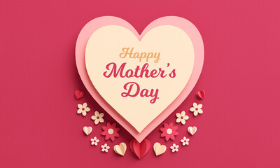 Happy Mothers Day flyer template with text, hearts silhouettes and flowers in paper cut style. Elegant greeting card or banner background for celebrate love in 3D illustration