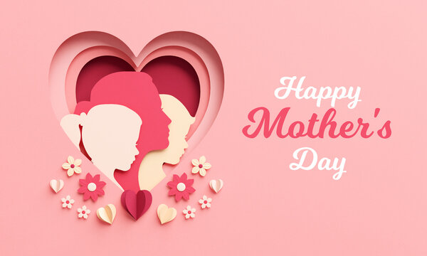 Happy Mother's Day flyer template with mom and children silhouettes inside a heart and flowers background. Celebration banner in paper cut, greeting card with text and copy space in 3D illustration