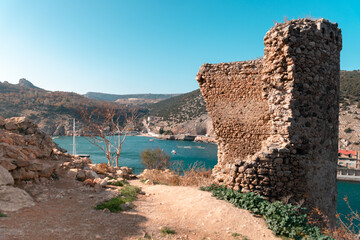 Fototapeta na wymiar Ruins of an ancient tower of Genoese fortress Chembalo