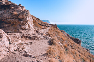Fototapeta na wymiar Balaklava Bay in Crimea in a sunny windy autumn day