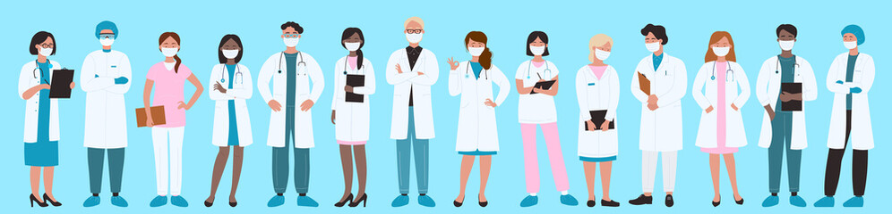 Medic workers standing together in row vector illustration. Cartoon brave paramedic team, doctors and nurses wearing hospital uniform and medical face masks background. Frontline, medicine concept
