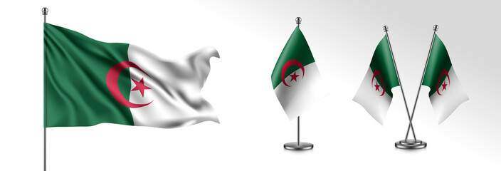 Set of Algeria waving flag on isolated background vector illustration