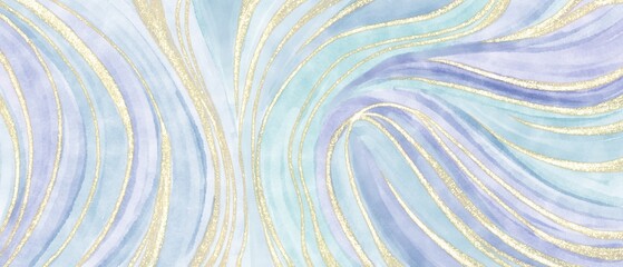 Decorative watercolor background with green, blue and purple gradient streaks, golden paint