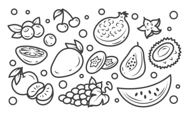 A set of illustrations of tropical exotic and garden fruits. Doodles,cartoon isolated on a white background.	