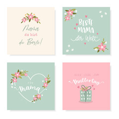 Lovely hand drawn Mother's Day designs, cute flowers and handwriting in German saying "Best Mom in the world" "Happy Mother's Day" and other sayings, great for cards, invitations, gifts, banners - vec