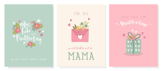 Fototapeta na wymiar Lovely hand drawn Mother's Day designs, cute flowers and handwriting in German saying 