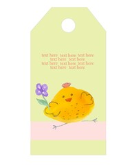 Cute yellow chick with a flower. Easter holiday. Tag or banner, postcard design. Flat illustration.