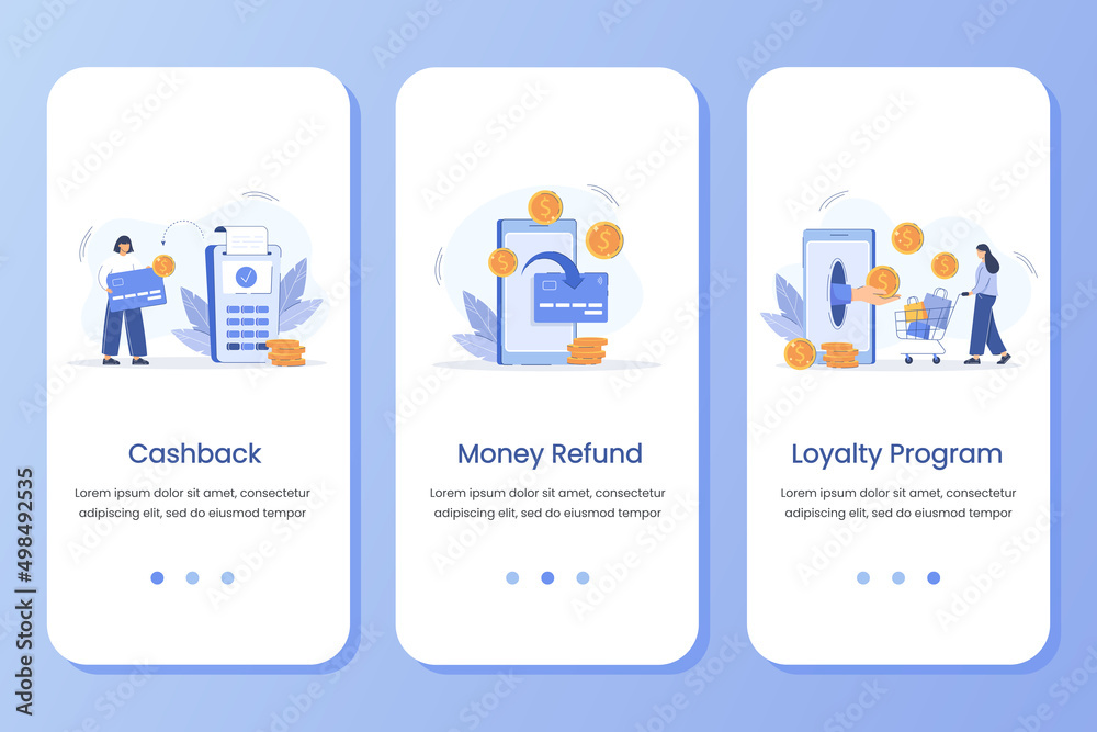 Wall mural onboarding screen ui with cashback, money refund and loyalty program digital concepts. vector banner
