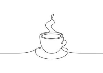 Cup of drink coffee or tea, one single continuous line drawing. Simple abstract outline beautiful mug with steam beverage. Vector illustration