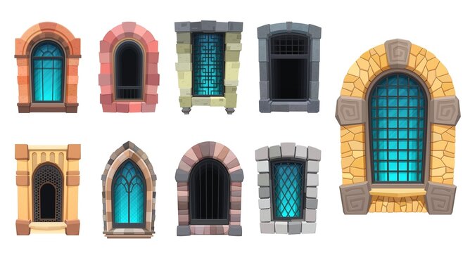 Cartoon arabic and medieval windows of castle or prison architecture. Vector interior or exterior temple, fortress or palace interior elements. Arched and rectangular portals with grate and ornament
