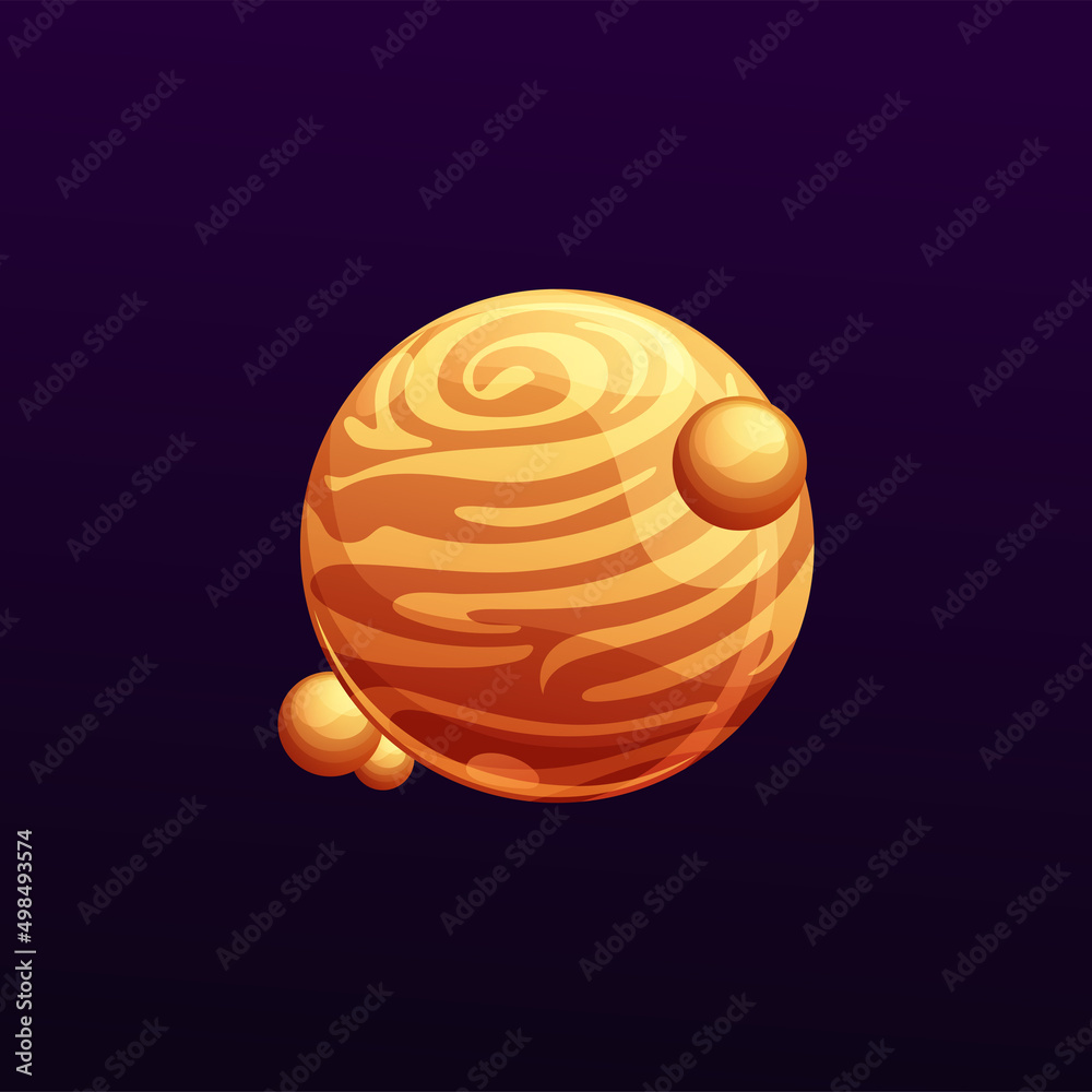 Poster striped galaxy planet with satellites. cartoon space object with striated brown surface. vector cosm
