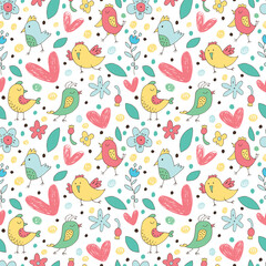 Cute seamless pattern with small birds and flowers. Spring vector background in pastel colors. Seamless pattern can be used for wallpapers, pattern fills, web page backgrounds, surface textures.