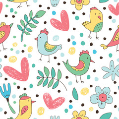 Cute seamless pattern with small birds and flowers. Spring vector background in pastel colors. Seamless pattern can be used for wallpapers, pattern fills, web page backgrounds, surface textures.