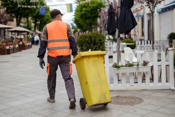 Street worker janitor in orange uniform with yellow garbage bin