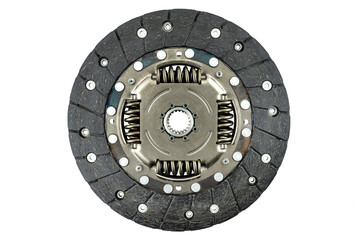 Used car clutch with damper springs and friction linings, isolated on a white background, top view.