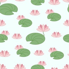 Seamless pattern of water lily leaves and flowers on a blue background.