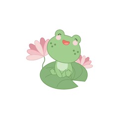 A cute little frog sitting on a water lily leaf.