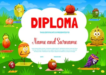 Yoga or pilates diploma certificate with cartoon tropical vector fruits. School appreciation award diploma with durian, lychee and carambola, grape, tangerine, feijoa and papaya in meditation on yoga