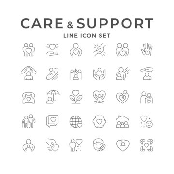Set line icons of care and support