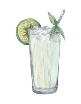 Watercolor illustration of mojito cocktail with mint, lime isolated on white background. Alcoholic drink illustration