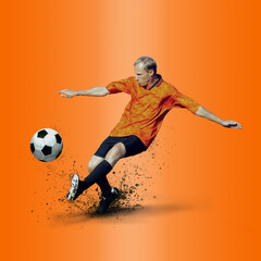 Professional soccer player hitting ball for winning goal in action on gradient multicolored neon background. Concept of sport competition.