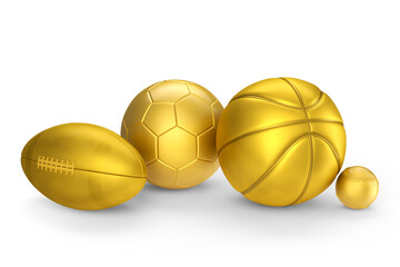 Set of gold ball like basketball, american football and golf isolated on white