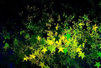 Dark Blue, Green vector layout with bright snowflakes, stars.
