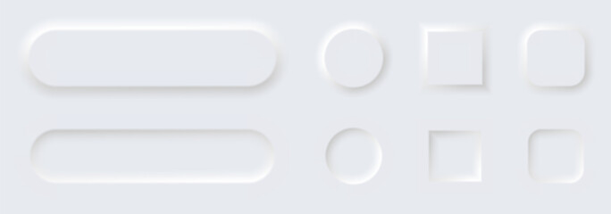 Button element icons for mobile and web interface. Blank modern buttons set in white minimal illustration for user interface of website, app and business.Design of neomorphism round templates.