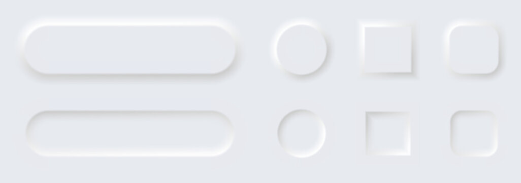 Button element icons for mobile and web interface. Blank modern buttons set in white minimal illustration for user interface of website, app and business.Design of neomorphism round templates.