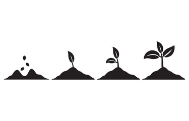 Stage growth plants.Life cycle of plant.Phases plant growing.Planting tree. Incremental agriculture.Development from seed to bush.Black silhouette vector flat illustration.