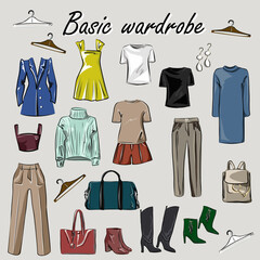 Capsule basic wardrobe for a woman. Minimalism. Fashion. Big cupboard. Wardrobe with a set of clothes on hangers and bags. Isolated vector objects.