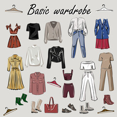 Capsule basic wardrobe for a woman. Minimalism. Fashion. Big cupboard. Wardrobe with a set of clothes on hangers and bags. Isolated vector objects.