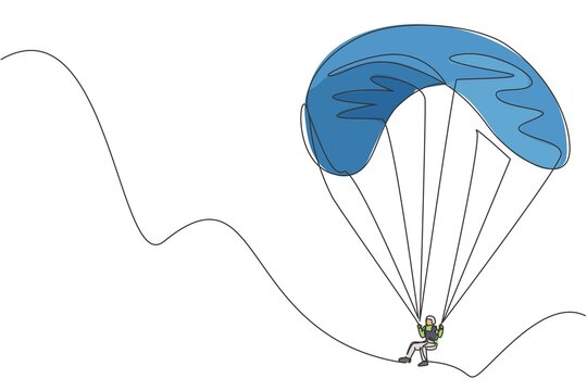 recommend clip art: One single line drawing of young sporty man flying with paragliding parachute on the sky graphic vector illustration. Extreme sport concept. Modern continuous line draw design