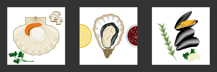 Ensemble de 3 posters carré pour décorer votre cuisine ou votre restaurant avec des dessins de mollusques bivalves : une coquille saint Jacques, une huitre, et des moules. - obrazy, fototapety, plakaty